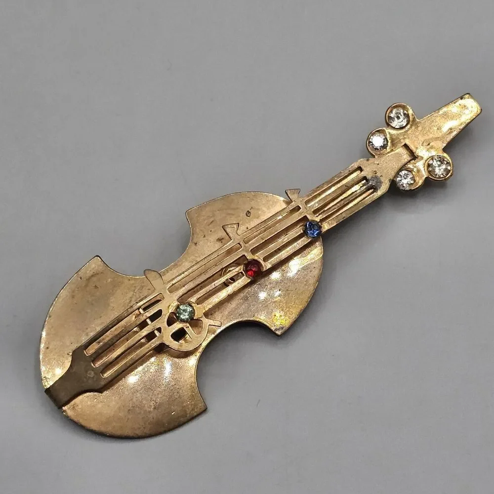 Vtg Cello Bass Brooch Pin Brass Dimensional Rhinestone Music Notes 1950s - Picture 6 of 9